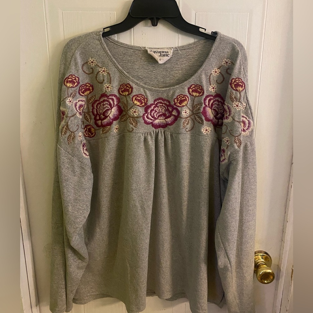 Savanna Jane Heather Gray Embroidered Top